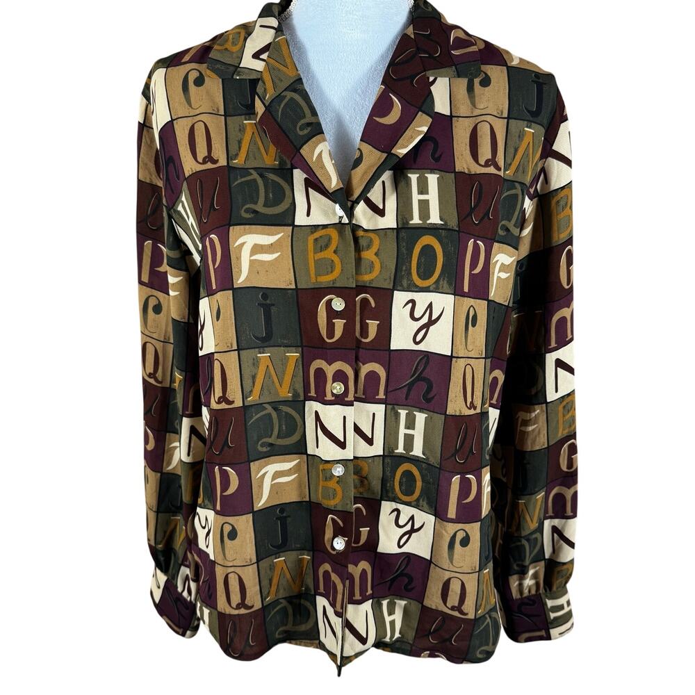 Vintage 90s Le Caviar Alphabet Print Button-Down Blouse | Size Medium